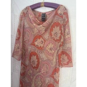 90's/Early 2000's Pink Brown Paisley Cowl Neck Semi Sheer Boho Maxi Dress XXL